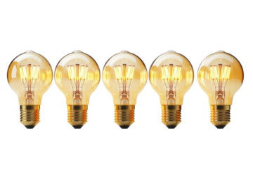 Antique edison filament light bulbs in a row isolated on transparent background. Set of LED light bulb isolated on white background, 3d rendering.