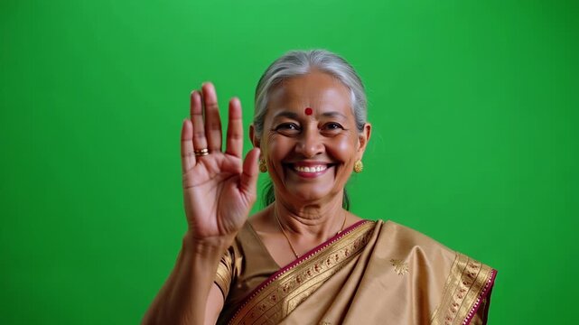 Elegant Indian Woman in Silk Saree Giving Traditional Blessing in 4K Video Footage for Authentic Cultural Content and Warmth (149 chars)