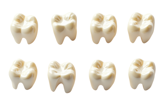 Realistic human molar teeth isolated on transparent background. Set of dental premolar teeth isolated on white background, 3d rendering.
