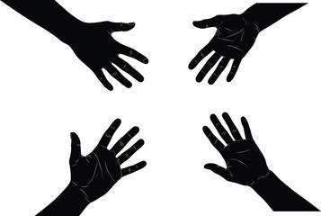 Hands silhouette illustration, four palms inward, unity connection, teamwork collaboration, communication concept, diversity support, abstract design, black art composition