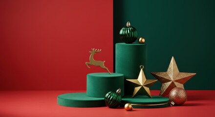 Festive Christmas product display setup with green velvet podiums, golden stars, and holiday ornaments on a red and dark green background.