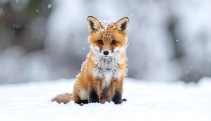 A red fox kit sits in the snow, snow on its fur, facing forward, with a snowy background and falling snow