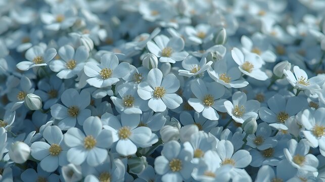 Close-Up Soft-Focus Pale Blue Flowers with Yellow Centers and White Buds