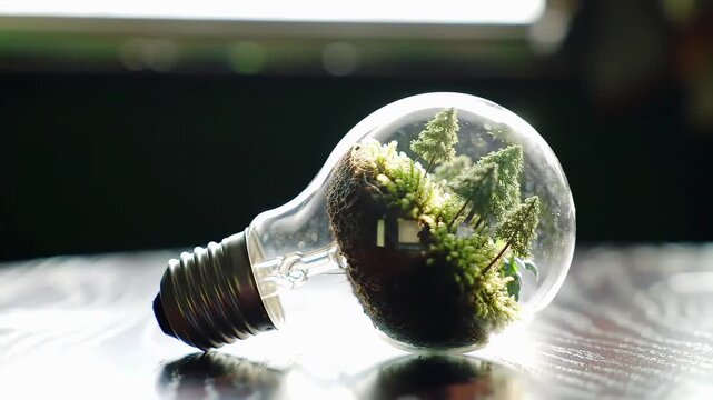 Eco Light Bulb with Miniature Forest Under Warm Sunlight, Sustainable Energy Concept