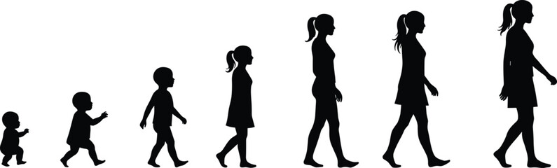 Human growth silhouette illustration, baby to adult woman, life stages development, childhood to adulthood, aging progression, educational concept, black design art