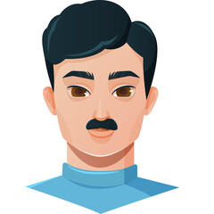 Close up pixel art portrait of a man with dark hair mustache and brown eyes wearing a light blue collared shirt against a transparent background