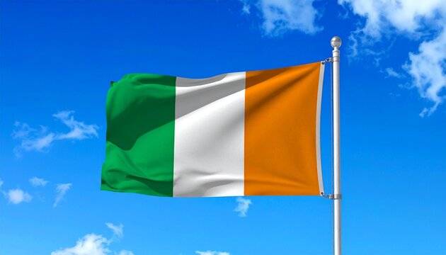Prompt: Irish national flag waving against a clear blue sky, vertical tricolor of green, white, and orange, symbol of national identity and unity