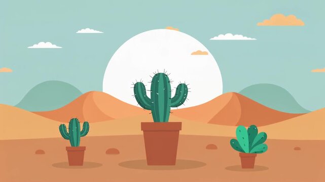 Cheerful cactus waving hello in a desert sunrise, minimalist flat 2D looping animation with pastel tones