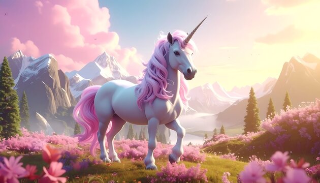 Illustrative unicorn, pink mane, stands in field of pink flowers, mountains and cloudy sky in the backdrop
