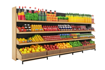 Miniature grocery store with fresh produce and awning isolated on transparent background. Supermarket isolated on white background.