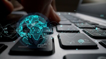 This image illustrates the concept of a digital world emerging from a keyboard, symbolizing connection, technology, and the modern landscape of information exchange. Xenic