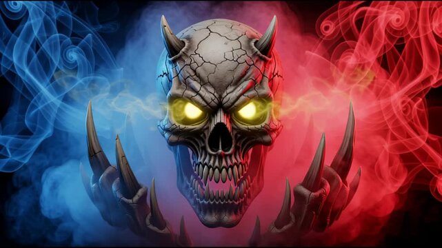 3D animated demonic skull with glowing yellow eyes and red blue smoke effect, dark fantasy horror background