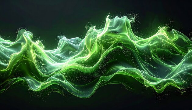 Luminous green energy flow with soft curves and glittering particles against a dark background