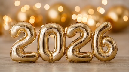 Golden balloons shaped as the numbers 2026, set against a blurred background of golden ornaments and soft lights, symbolizing New Year celebrations.