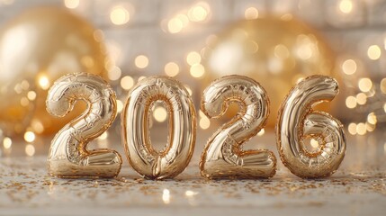 Golden balloons shaped as the numbers 2026, surrounded by festive decorations and soft glowing lights, creating a celebratory atmosphere.