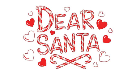 Festive dear santa typography with candy cane accents and hearts for christmas greetings vector