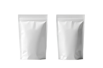 Blank white stand up pouches with ziplock isolated on transparent background. Blank white stand up pouches with resealable zippers slightly different heights isolated on white background.