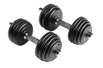 Two black dumbbells isolated on transparent background. Two of black rubber metal dumbbell isolated on white background, 3d rendering.