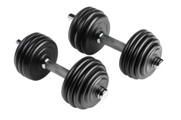Two black dumbbells isolated on transparent background. Two of black rubber metal dumbbell isolated on white background, 3d rendering.