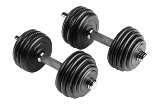 Two black dumbbells isolated on transparent background. Two of black rubber metal dumbbell isolated on white background, 3d rendering.