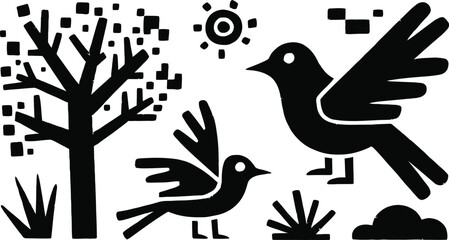 Bird and Tree Icons Set - Nature Symbols with Sun and Clouds