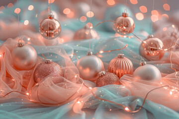 light Christmas background.Winter scene with hanging ornaments over a frosted wooden table and soft bokeh lights