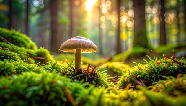 Mushroom sits amid vibrant green moss in a lush forest, bathed in the soft glow of the setting sun