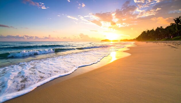 Ocean waves cascade onto a golden beach under a bright sky at sunset with distant palm trees