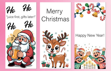Cheerful Christmas and New Year Vertical Greeting Cards Set