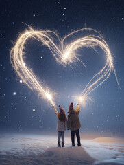 Couple in festive party hats using sparklers to draw glowing heart shape in air above snow, long exposure effect, light trails forming heart, snowy ground below, New Year's Eve celebration, magical