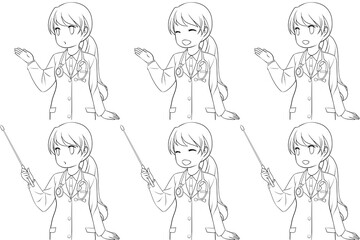 案内する女性医師、指し棒を持つ白衣の女性。説明する若い女性の線画6点セット