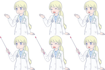 案内する女性医師、指し棒を持つ白衣の女性。説明する若い女性のクリップアート6点セット