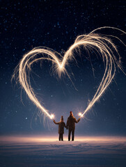 Couple in festive party hats using sparklers to draw glowing heart shape in air above snow, long exposure effect, light trails forming heart, snowy ground below, New Year's Eve celebration, magical