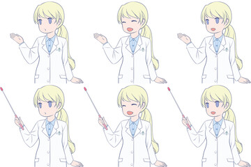 案内する女性薬剤師、指し棒を持つ白衣の女性。説明する若い女性のクリップアート6点セット