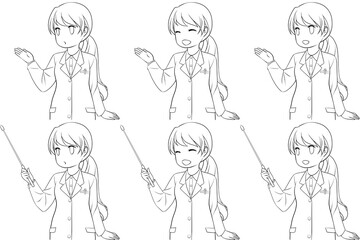 案内する女性薬剤師、指し棒を持つ白衣の女性。説明する若い女性の線画6点セット