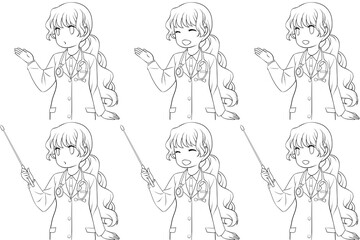 案内する女性薬剤師、指し棒を持つ白衣の女性。説明する若い女性の線画6点セット