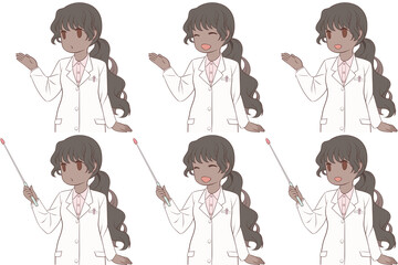 案内する女性薬剤師、指し棒を持つ白衣の女性。説明する若い女性のクリップアート6点セット