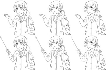 案内する女性薬剤師、指し棒を持つ白衣の女性。説明する若い女性の線画6点セット