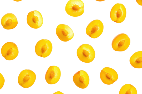 Halved yellow peaches scattered isolated on transparent background. Yellow peaches isolated on white background.