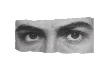 Male eyes intently watching, presented as a black and white ripped paper cutout. Surveillance and watchful concept