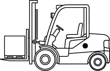Line art forklift machine lifting a box for industrial warehouse logistics and material handling services isolated on transparent background