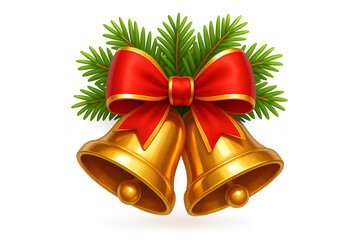 Golden christmas bells with red ribbon and holly decoration holiday symbol illustration isolated white background
