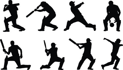 Vector silhouette of cricket players in various action poses, batting, bowling, and fielding, symbolizing sports competition, teamwork, energy, and athletic movement