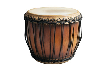 African djembe drum isolated on transparent background. Brown drum with black strings on white background.