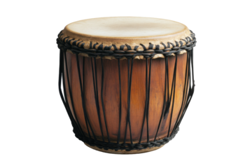 African djembe drum isolated on transparent background. Brown drum with black strings on white background.