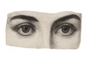 Vintage drawing of two human eyes on a torn paper fragment, an old anatomical sketch staring forward, transparent background