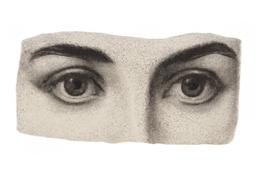 Vintage drawing of two human eyes on a torn paper fragment, an old anatomical sketch staring forward, transparent background