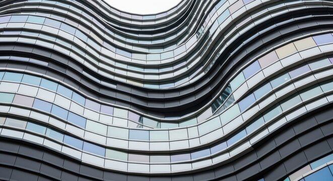 Wavy glass facade of modern office building reflecting sky