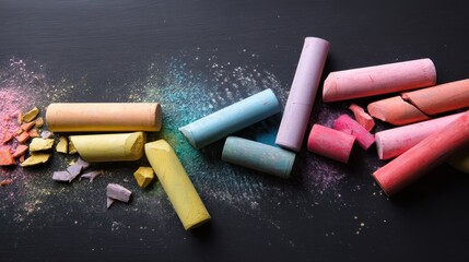 Colorful chalk pieces scattered on a dark surface.