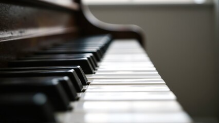 Close-up shallow-depth photo of a piano keyboard showing black and white keys with soft natural light and a blurred background.